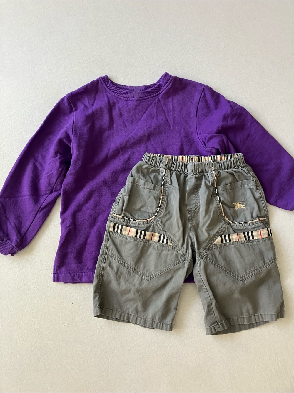Kids Purple Long-Sleeve Top with Gray Cargo Shorts Set